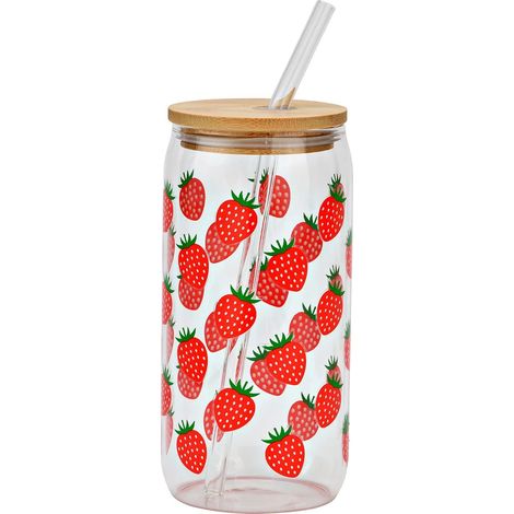 Gourde avec couvercle et paille en verre Fraises 15 cm (1/3)