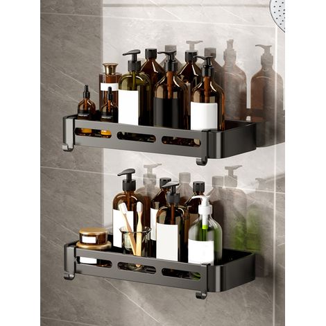 Paquet de 2 paniers de douche d'angle, panier de douche de salle de bain, étagères adhésives murales avec crochets, noir (1/5)