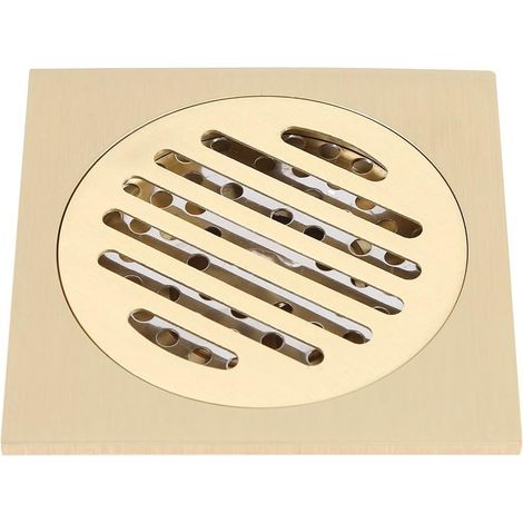 Gold - Large 4 x 4 inch Square Brass Stainless Steel Shower Drain, Odor Resistant, Bathroom Floor Drain (1/5)