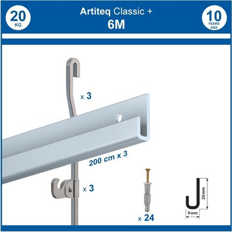 Pack 6 mètres cimaise Classic + Gallery couleur Aluminium - Solution d'accrochage pour décoration murale lourde (1/5)