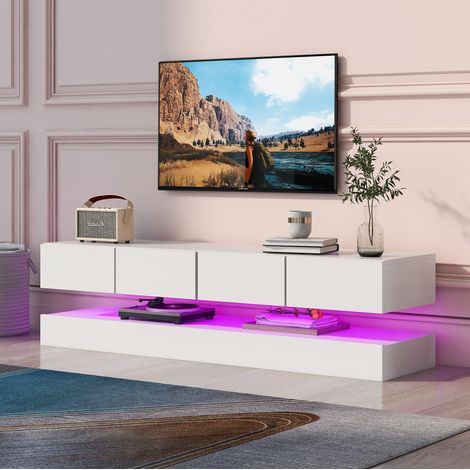 Mueble TV mural 130x33x15 cm de MDF blanco con almacenaje y LED para salón FloraGrace (1/5)