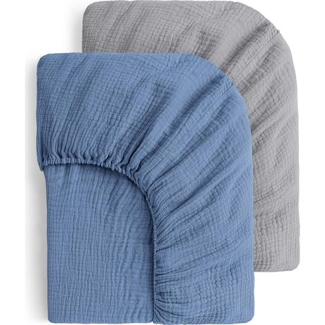 Drap Housse Bébé - Lot de 2 - Coton Mousseline - Respirant - Lit Enfant 70x140 cm - Bleu Gris (1/5)