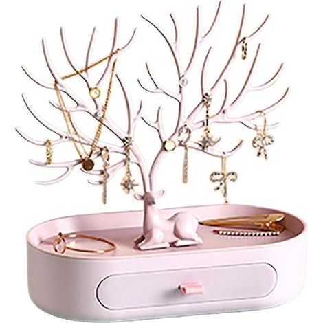 Boîte à bijoux, présentoir à bijoux, porte-colliers, étagère pour femmes, plateau multifonction, support pour arbre en bois de cerf, tiroir, rose pour filles (1/5)