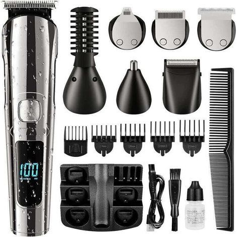 Tondeuse Cheveux Hommes, 11-en-1 Tondeuse Barbe et Cheveux Professionnel, Sans Fil Rasoir Électrique, Tondeuse Corps de Précision pour Nez, Écran LCD, Sabot Ajustable, Imperméable (1/4)