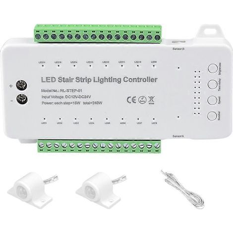 Contrôleur de détecteur de mouvement LED pour escaliers DC12V 24V 16 canaux, variateur de veilleuse PIR d'intérieur pour escaliers, bande flexible (A) (1/5)
