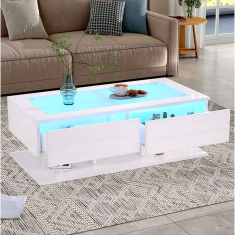 table salon rangement moderne 100x50x35 cm verre LED blanc OKMYHOME (1/5)