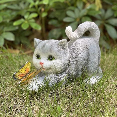 Statue de chat jardin solaire - Lampe solaire papillon - Décoration de jardin - 1 pièce - Balcon extérieur jardin terrasse gris (1/5)