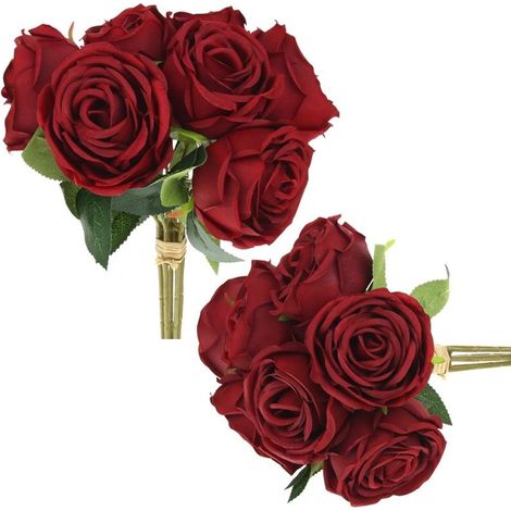 Flores artificiales Rosas 7 piezas Ramo de rosas listo para armar Arreglo floral para jarrón - Rojo