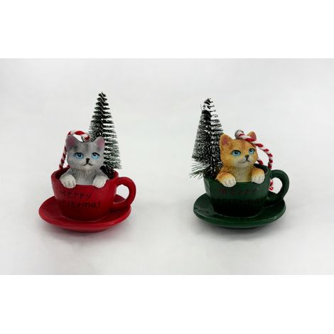 Dekofigur Katze in Tasse Polyresin Ø 6 x 8 cm grün rot Weihnachtscharaktere