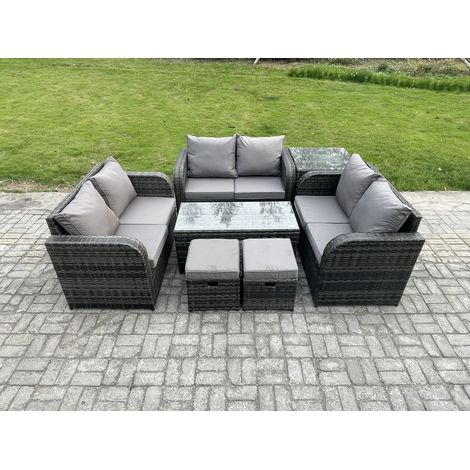 Fimous 8 Seater Rattan Garden Furniture Set Indoor Outdoor Patio Sofa Set with Coffee Table Love seat Sofa Side Table 2 Small Footstools Dark Grey Mixed (1/5)