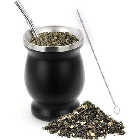 Yerba Mate Ensemble de tasse en acier inoxydable 304 (240 ml), Bombilla et brosse nettoyante – Double paroi, noir mat, service à thé traditionnel (1/5)