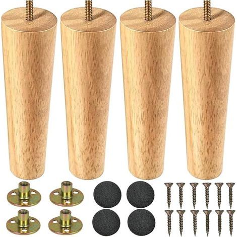 Pieds de meubles en Bois 20cm Pied de Table 4 Pièces Pieds de Table en Bois Conique Massif Pieds de Canapé Pieds de Meubles de Remplacement avec Vis de Plaque de Montage et Tapis Antidérapant (1/5)