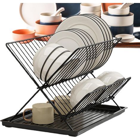 Égouttoir pliable - Bac de récupération d'eau amovible - Égouttoir de cuisine pliable pour couverts, assiettes et vaisselle, égouttoir à 2 niveaux pour comptoir de cuisine (1/5)
