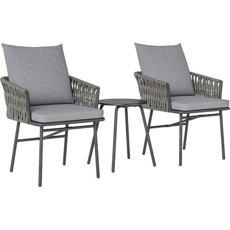 3-teiliges Außenmöbel-Set, 2 Stühle, 1 Tisch, Bistro-Set, Kunst-Rattan, Stahlrahmen, Metalltisch, 4 Kissen, Grau