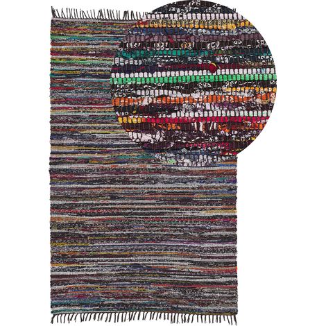 Alfombra multicolor oscuro de algodón 140 x 200 cm rayas con flecos rectangular hecha a mano boho ecléctico Danca
