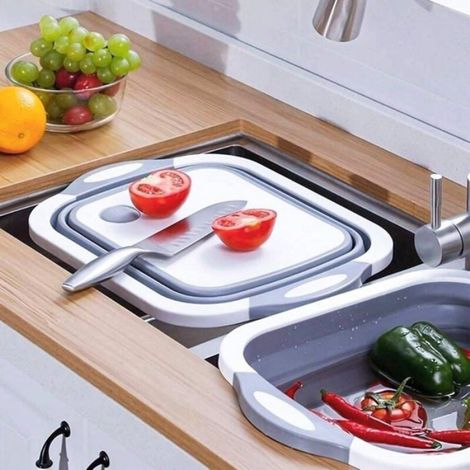 Planche à découper 3-en-1 évier pliable bol pliable panier de rangement panier de camping portable cuisine planche égouttoir bol év (1/4)