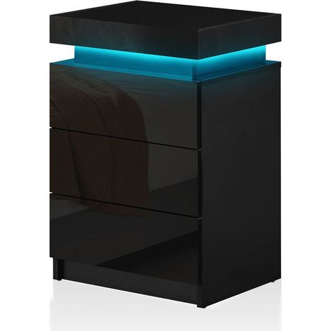 Bedside Table, Modern High Gloss Front 3 Drawer Sideboard with RGB Light Strip Flip Top Design for Bedroom Living Room Nightstands, Black
