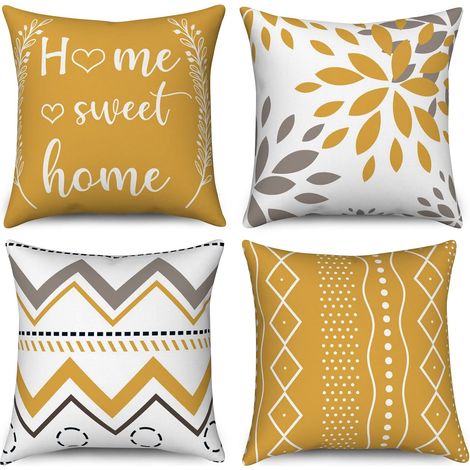 Coussin Jaune 45x45 Set de 4 Motifs Fleurs Géométriques Boho, Lin Moderne pour Canapé, Lit, Jardin Extérieur (1/5)