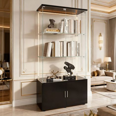 Vitrine Wohnzimmer - Glasvitrine - Integrierte LED - 3 Regale - Schwarzer Schrank (78 x 35 x 164 cm)