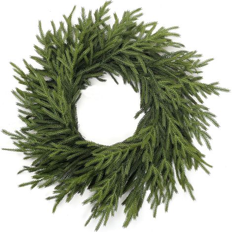 Corona navideña artificial de pino de Norfolk para puerta principal, ramas y hojas artificiales de pino verde, decoración de pared, ventana, chimenea, anillo de ratán de pino de 50 cm. (1/5)