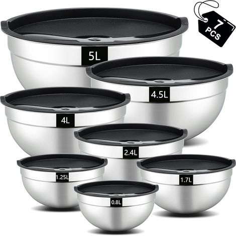 Set de 7 saladiers en inox avec couvercles, 5L, 4,5L, 4L, 2,4L, 1,7L, 1,25L, 0,8L, saladiers empilables, lavables au lave-vaisselle (1/5)
