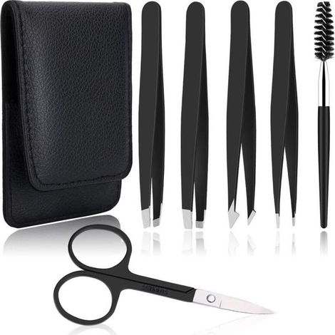 Ensemble de 6 pinces à épiler professionnelles pour sourcils - Pinces de précision en acier inoxydable (noires)