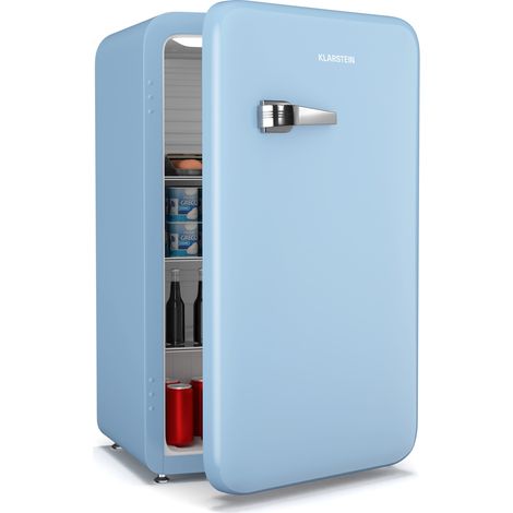 Klarstein Audrey Evo 90L Retro Mini Fridge - Quiet 40 dB, Adjustable Thermostat, Reversible Door, Bedroom Fridge, Small Fridge for Bedrooms, Offices, Party Basements, Blue
