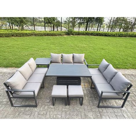 Fimous U-shaped Garden Furniture Set 11-Seater Aluminium Outdoor Dining Set with Adjustable Rising Lifting Dining Table Side Table 2 Small Footstools Dark Grey (1/5)