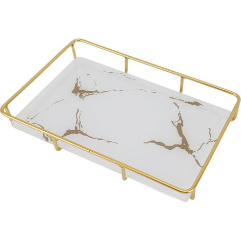 Plateau de vanité de Salle de Bain élégant Moderne, Organisateur de Rangement de Comptoir avec Conception Antidérapante, en Fer et Verre, Facilement Nettoyée, pour L'évier de la'L Blanc'-
