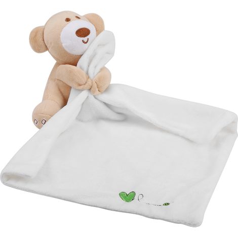 Doudou ours peluche blanc avec couverture douce, jouet bébé enfant nouveau-né cadeau réconfortant sécurité.