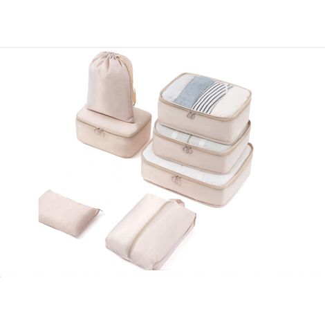 Organisateur Valise Lot de 7 Rangement, Rangement Valise Organisateur, Packing Cubes de Voyage Pochette, Compartiment Valise, Sacs pour Les Vêtements, Chaussures et Cosmétiques (Beige)