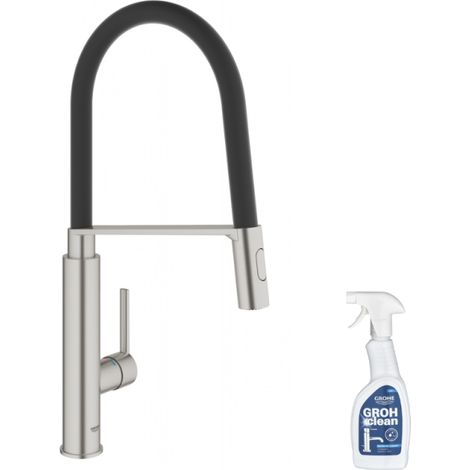 GROHE Feel Mezclador de cocina Caño alto Ducha extraíble Supersteel + limpiador GrohClean