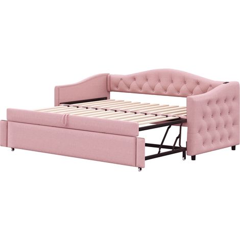 Cama capitoné convertible 90 x 200 cm rosa de tela de lino con puerto USB y somier de láminas HOMVRA (1/5)