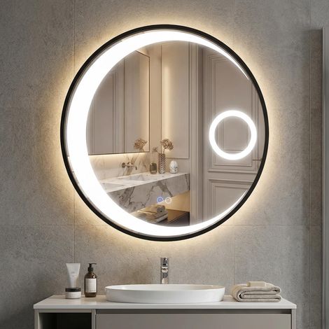 Miroir de Salle de Bain LED avec éclairage 60 cm - Miroir Rond avec Fonction Anti-buée et 3 Couleurs de lumière - Miroir Mural avec grossissement x 3 et Cadre en Aluminium (1/5)