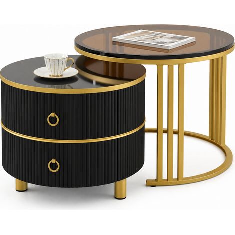 Table basse ronde gigogne 2 pièces en bois, plateau brillant et verre trempé brun, 2 tiroirs, style moderne, idéale pour petit salon, avec pieds métal, CHICFURN (1/5)