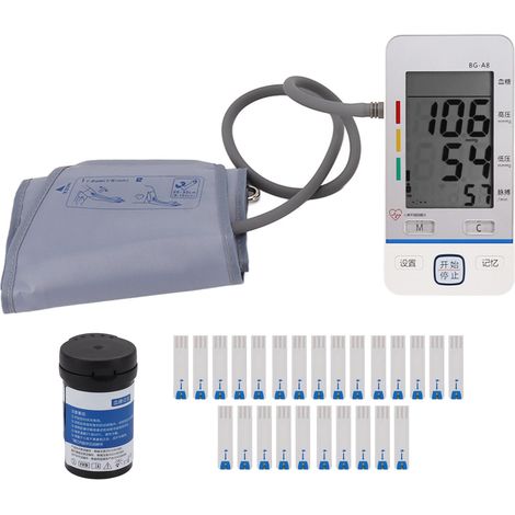 Kit de surveillance de la glycémie entièrement automatique 2 en 1 avec 25 bandelettes de test, annonce vocale, affichage de l'heure et tensiomètre (1/5)