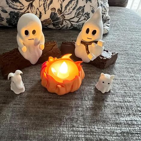 Veilleuse Fantôme Campfire, Décor Halloween Mignon pour Cheminée ou Bureau avec Chat et Chien, Statue Effrayante et Confortable