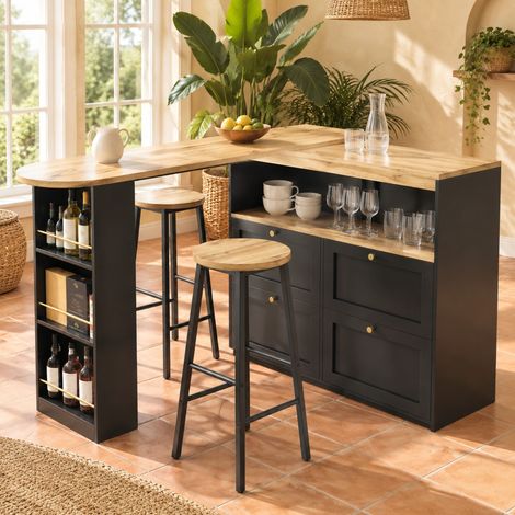 Set isola cucina allungabile 138/204x39x105 cm MDF nero con 2 sgabelli - CHICFURN (1/5)