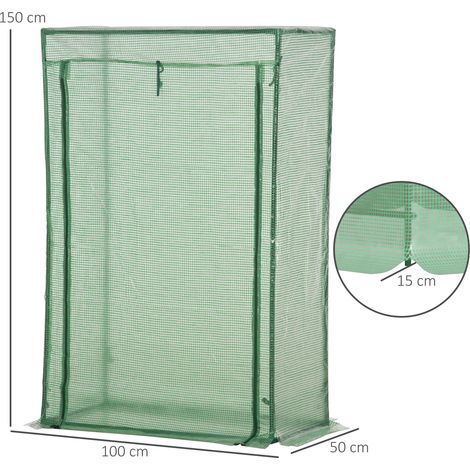 Serre à porte enroulable, 100 x 50 x 150 cm, en acier et plastique vert, pour l'entretien et la multiplication des plantes. (1/5)
