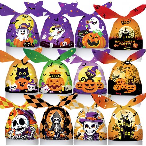 200 sachets à friandises d'Halloween, 12 motifs différents, parfaits pour la chasse aux bonbons et les fêtes, orange, violet et noir. (1/5)