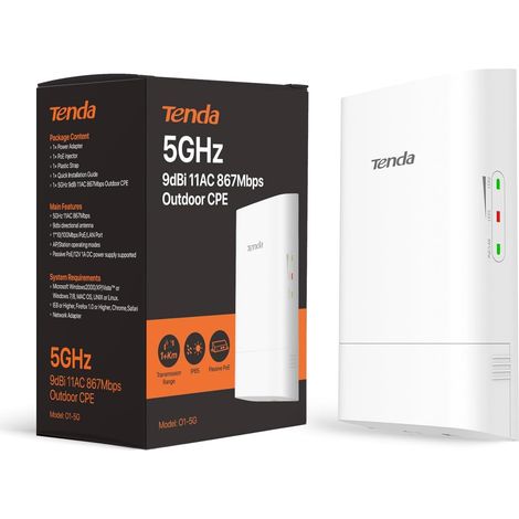 Tenda O1-5G Outdoor CPE 5 GHz WiFi-AC 867Mb/s, 9 dBi, IP65, pasivní PoE výhybka + adaptér