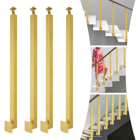 Lot de 4 poteaux de garde-corps carrés dorés de 95 cm (fixation latérale) — Poteaux de garde-corps métalliques réglables à 43°, en fer, adaptés aux terrasses, balcons et escaliers