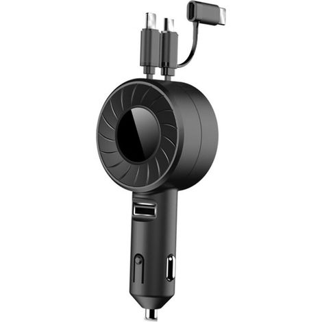 Chargeur de voiture USB 3 en 1 rétractable, en plastique noir, avec allume-cigare portable. (1/5)