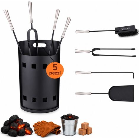 Relaxdays set 5 accessori per camino in secchio: attizzatoio, pala cenere, scopa, pinza – (1/5)