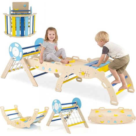 COSTWAY 7 in 1 Set da Arrampicata per Bambini, Giochi da Arrampicata Pieghevole con Arco, Rampa e Scala a Corda, con Blocchi e Gioco del Labirinto (Marinaio 3 pezzi con rete, Macaron) (1/5)