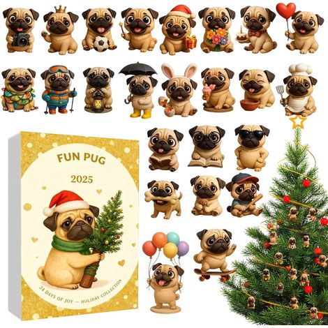 Pug Advent Calendar Toy, 2D Flat Dog Pendant - Christmas Countdown Calendar 2025 for Niece, Granddaughter, Family, Friends, Teenagers, Schoolbag, Backpack (1/5)