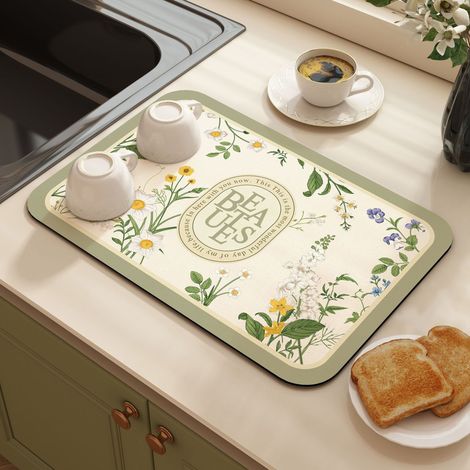 Tapis absorbant et antidérapant pour cuisine – Dessous de plat isolant et tapis d’égouttement pour plan de travail (Modèle Fougère verte, coins arrondis, 40 x 60 cm)-lsw