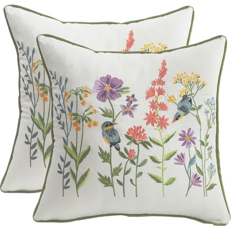 Juego de 2 fundas de cojín bordadas de 50 x 50 cm con pájaros y flores vintage, estilo rústico, para sofá, sillón, dormitorio, coche (1/5)
