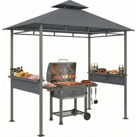 Pavillon de barbecue 2,4 × 1,4 m résistant au vent, double toit ventilé et étagères latérales intégrées. (1/5)