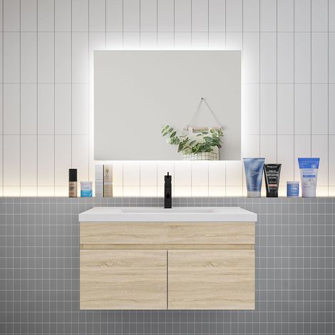 Aica Ensemble meuble Salle de Bain Chêne avec vasque L.80cm + Miroir LED 80x60cm (1/5)